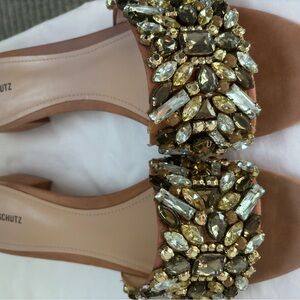 SCHUTZ Tan and Gold Embellished Sandals